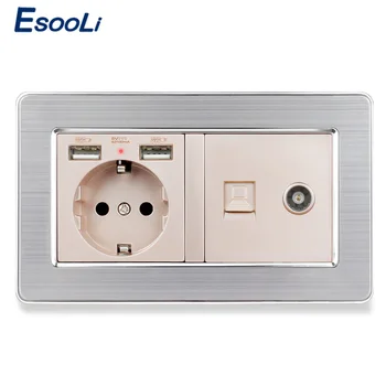 

ESOOLI Stainless Steel Panel EU Standard Electric Socket with 2 USB + RJ45 Internet Jack and Television Port Power Outlet