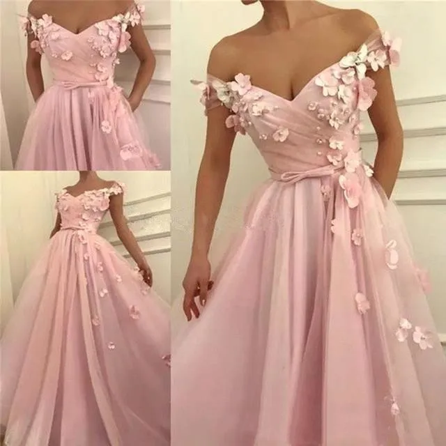 navy blue prom dresses Elegant 3D Flowers Evening Gowns Off Shoulder A-line Appliques Tulle V Neck Long Women Party Prom Dress Vestido De Noite rose gold prom dress