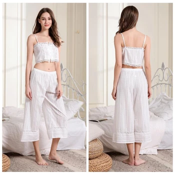 

Exposed Navel Pajamas Set Women 2020 Summer Pure Color Loose Comfortable Temperament Lace Decoration Cotton Sling Pajamas Set