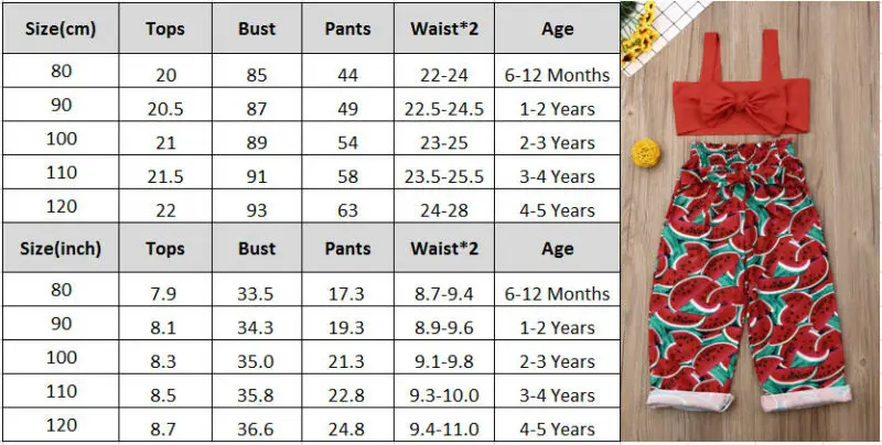 Топ без рукавов для маленьких девочек, штаны с бантом, пляжный костюм, одежда с арбузами, комплект