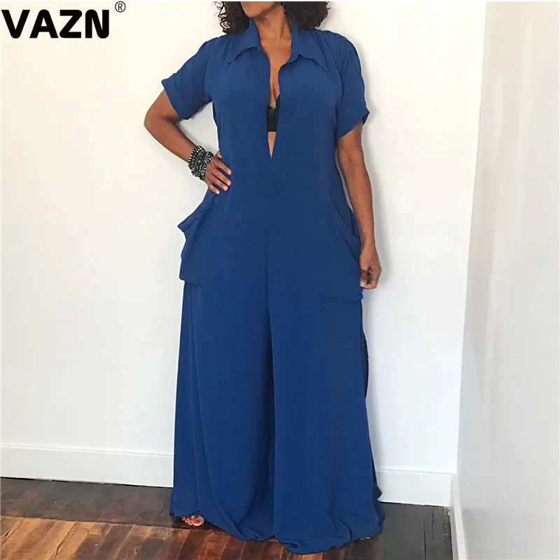 VAZN SMR9399 Blue Sexy Beach Popular Style Jumpsuits V-Neck Loose Wide Leg Pants Bandage Lady Maxi Solid Chiffon Romper