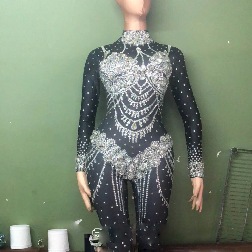 Jumpsuit Sparkly Crystals Nude Stretch Stones Outfit Celebrate Bright Rhinestones Bodysuit Costume Female Singer Birthday Dress