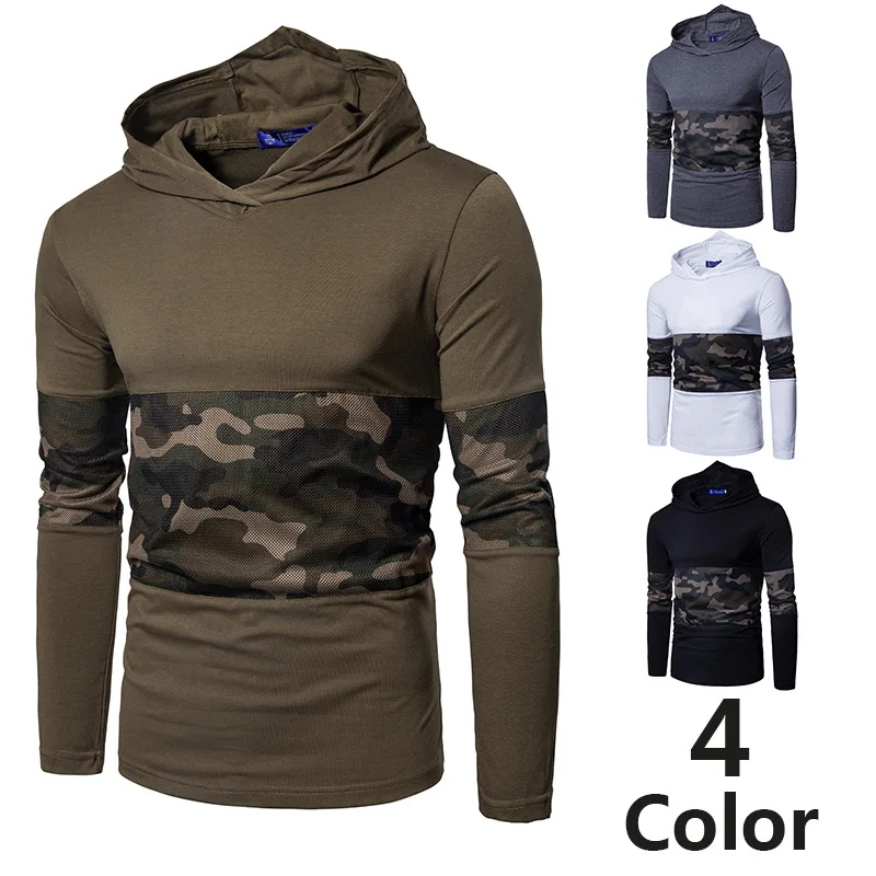 

Ouma Stretch Cotton Camouflage Mesh Joint Men Hooded Assassin Long Sleeve T