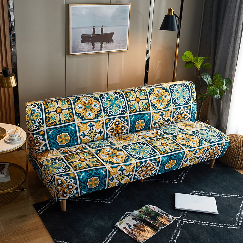 Black Geometric Print Spandex Stretch Sofa Bed Slipcover
