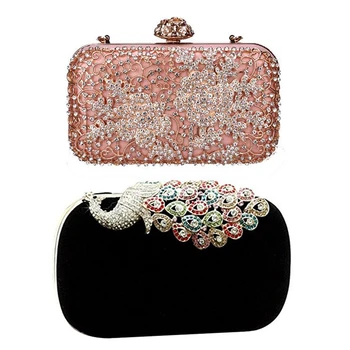 

AUAU-2 Pcs Luxury Evening Clutch Bag Women's Tote Shiny Chain Shoulder Messenger Bag Lady Party Bag, Black & Pink