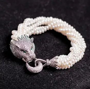 

Jewelry Free Shipping nice design 4-5mm natural freshwater pearl with charming zircon leopard head 21.5cm bracelet