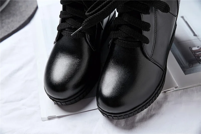 Meotina Winter Ankle Boots Women Lace Up Height Increasing High Heel Short Boots Knitting Round Toe Shoes Lady Autumn Size 33-43