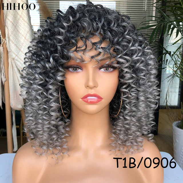 Afro Kinky Curly Wig With Bangs Short Synthetic Wigs For Black Women Omber Brown Blonde Glueless Cosplay Hair High Temperature T1B-0906
