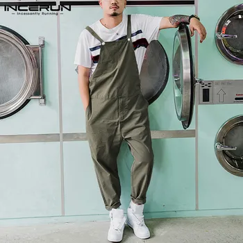 

INCERUN 2020 Fashion Men Cargo Overalls Jumpsuit Joggers Pockets Solid Color Loose Casual Suspender Bib Pants Men Streetwear 5XL