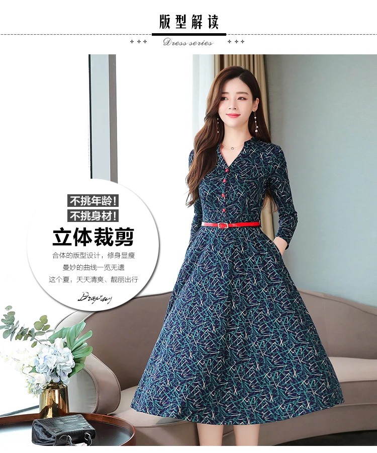 Femal Vintage Plus Size Green Print Long Sleeve Dresses Autumn Winter Chic Midi Dress Elegant Women Bodycon Party Vestidos