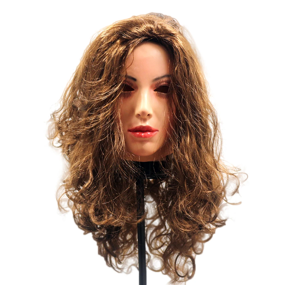 Realistic Latex mask Female Woman Face Halloween Latex Mask with Wig Lady Crossdressing Sissy Transgender Costume