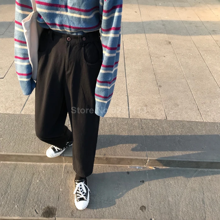 Женский корейский стиль Ulzzang Harajuku BF Свободные с высокой талией черные джинсы длиной до щиколотки женские студенческие повседневные шаровары