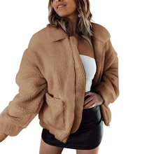 NIBESSER, женская модная плюшевая флисовая куртка на молнии с отворотом, свободное осенне-зимнее пальто из искусственного меха, теплая однотонная женская верхняя одежда, уличная одежда