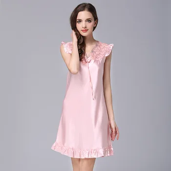 

Women Sexy Nightwear Satin Silk Lace Nightshirts Sleeveless Sleepshirts Plus Size Nightdress Lingerie Pink Night Wear Dress Gown