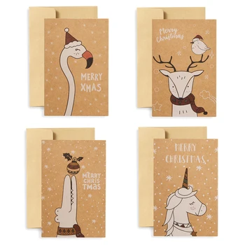 

5Sets Kraft Gift Card Christmas Greeting Card Unicorn Flamingo Crocodile Reindeer Merry Christmas New Year Card Set with Enveope