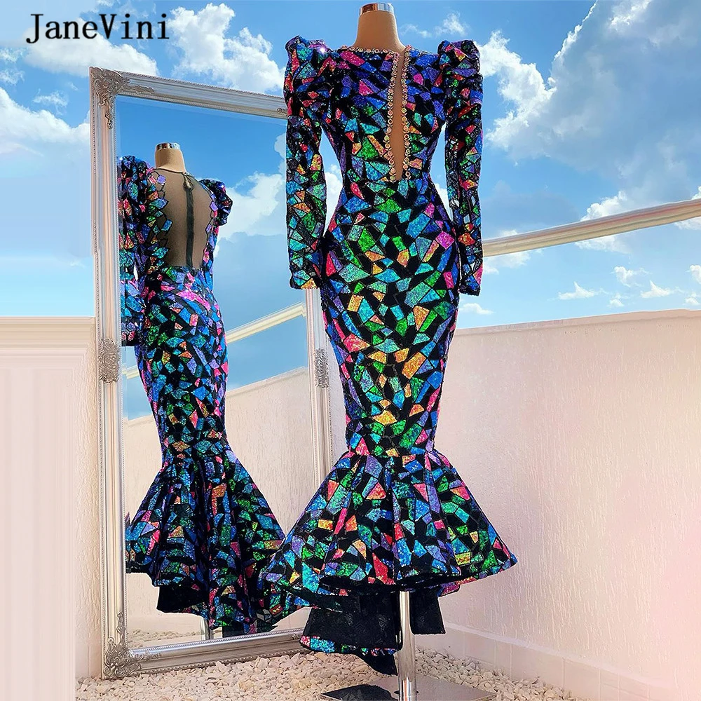 

JaneVini 2020 Dubai Multi Colors Mermaid Evening Dresses Long Sleeves Bling Sequins Crystal Arabic Sexy Evening Gowns for Women