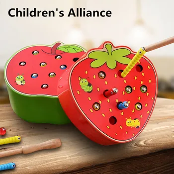 

Strawberry 3D Puzzle Baby Wooden Early Educationa lmagnetic math Toys interesting montessori Catch Worm Game Color Cogni