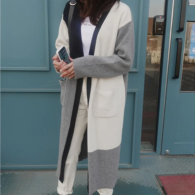 

Spot in the early autumn color matching wool blended long cashmere sweater knit cardigan coat plus