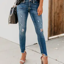 Free Shipping Women Stretch Ripped Distressed Skinny High Waist Denim Pants Shredded Jeans Trousers
