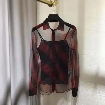 

2020 New Plaid Contrast Mesh Shirt with Suspender Vest 2-piece Shirt Set for Women