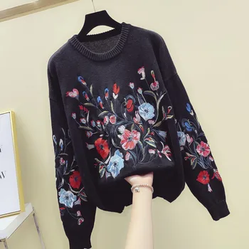 

Autumn 2019 New Korean Flower Embroidery Pullover with Sweater Women's Top Women Sweaters and Pullovers Plus Size Sweater