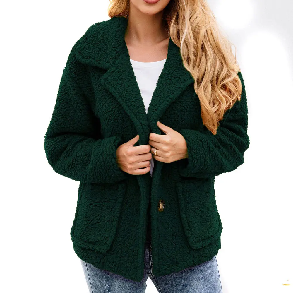 Blackish Green Новая женская куртка на пуговицах с отворотом с длинным рукавом Повседневная плюшевая куртка с карманами VN 68 - Цвет: Blackish Green