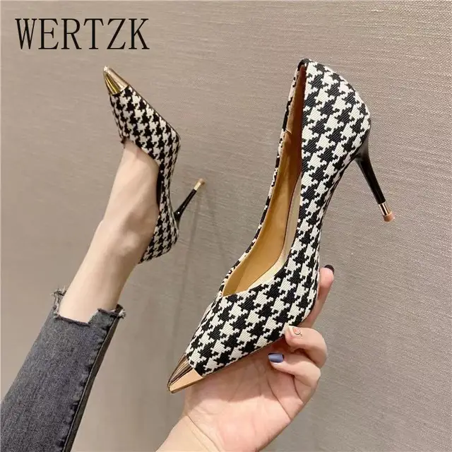 2021 Sexy Ladies High Heels Women Stiletto Houndstooth Color Matching Metal Pointed Toe Shoes for Wedding Women 1