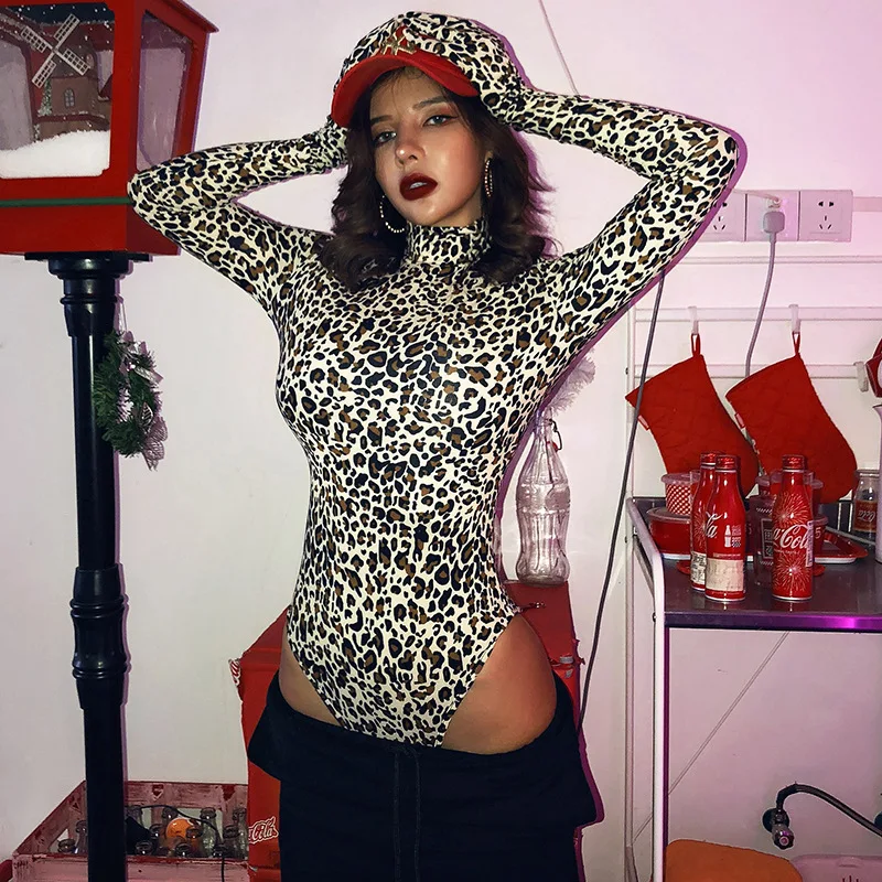 

leopard animal bodysuit gloves bodycon sexy high neck romper festival clothing party 2019 autumn winter body streetwear