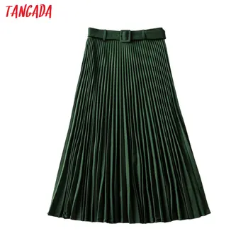 

Tangada women amy green pleated midi skirt with belt vintage office ladies elegant chic mid calf skirts 6A06