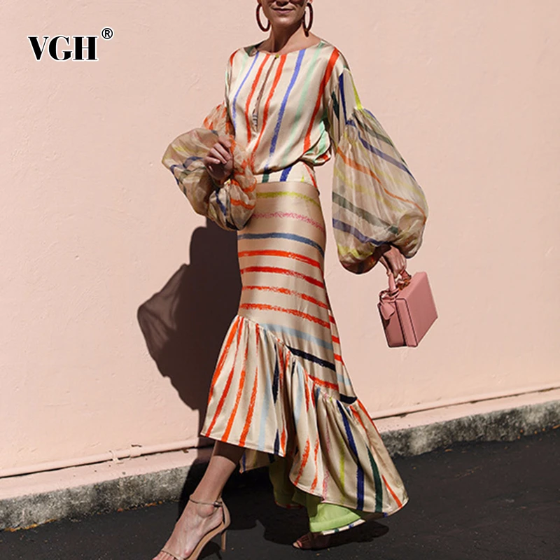VGH Casual Striped Party Women Dress O Neck Lantern Long Sleeve High Waist Ruffles Irrgular Hem Dresses Female Clothing Fashion | Женская