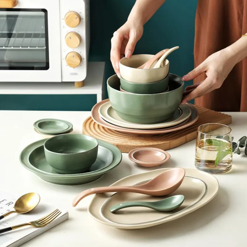 Nordic Style Ceramic Tableware Dishes Spoon Plates Creative Set Soup Bowl Household Combination Dinnerware