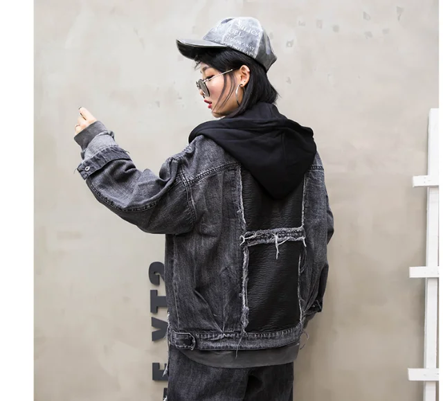 Осень зима новая свободная черная ковбойская куртка для девочек Harajuku меховой край Кожаная Вышивка джинсовая куртка с капюшоном пальто женская уличная одежда