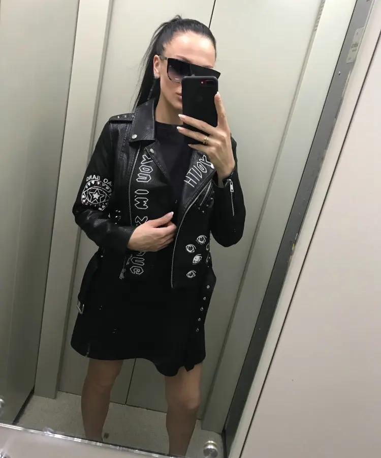 2020 New Women Autumn Winter Faux Soft Leather Jackets Coats Lady Black PU Rivet Zipper Epaulet 3D print Motorcycle Streetwear