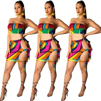

Club Sexy Two Piece Set Women Print Crop Top And Bodycon Skirt Matching Sets Festival Party Beach Summer 2pcs Outfit DT1513