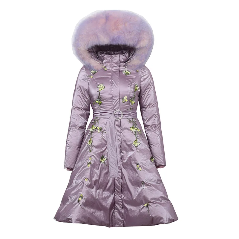 Зимнее белое пальто с гусиным пухом, длинная юбка, с вышивкой, Lxuury, с капюшоном, с натуральным лисьим мехом, с воротником, пуховики для женщин