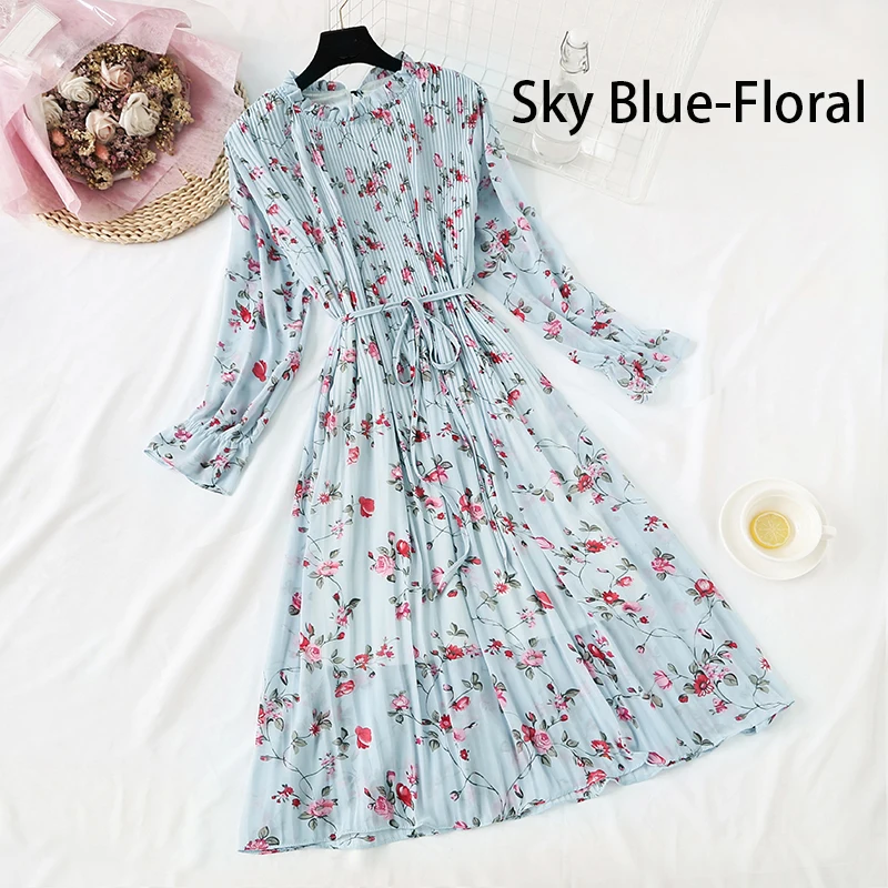 Женское шифоновое платье трапециевидной формы с цветочным принтом, корейское вечернее платье с длинным рукавом и оборками до середины икры, винтажное милое платье в стиле ампир - Цвет: Sky Blue-Floral