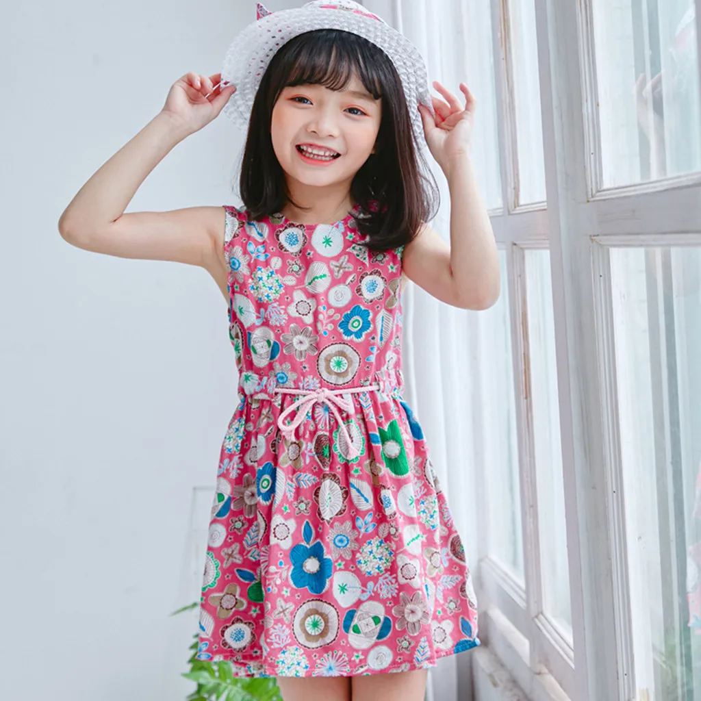 Toddler Baby Kids girls dress Floral Flowers Ruched Strap Summer Princess Dress 2-7 Years old children clothes summer #B