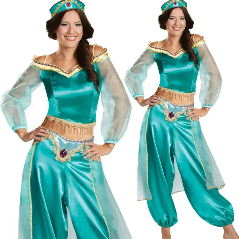 

Plus Size fairy tale Adult Princess Glittery Sequins Jasmine Cosplay 2Pcs Outfit Set Halloween Party Dress Up Cosplay Costumes