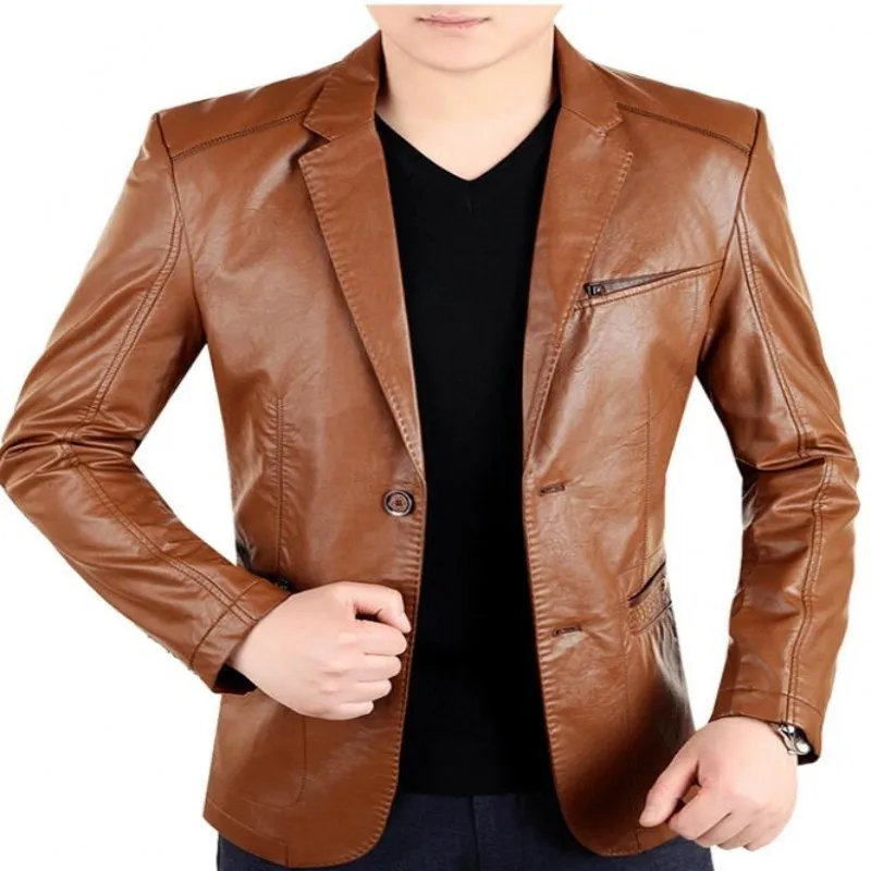 

New England Mens Leather 2 Button Formal Dress Suits Fashion Man Blazers Black Red Brown Solid Motorcycle Coat Suede Jacket Male