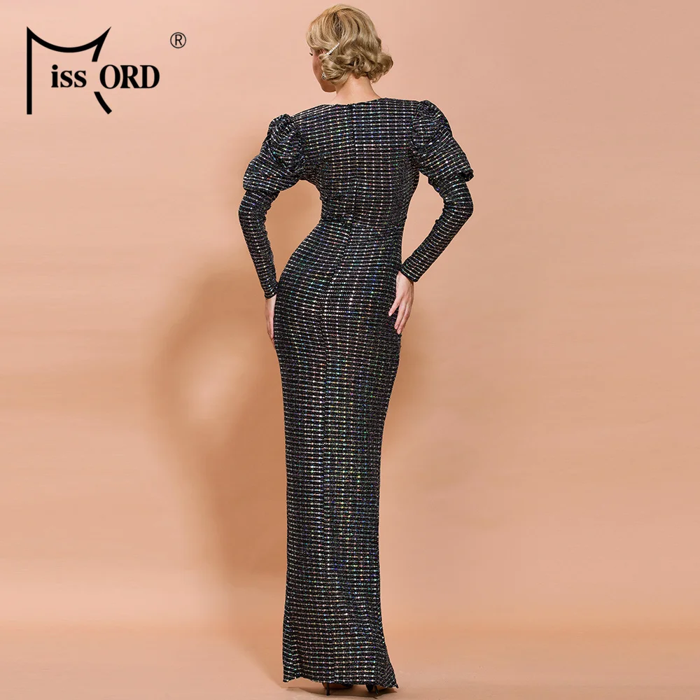 Missord Women Sexy V Neck Long Sleeve High Split Dresses Female Elegant Shiny Maxi Dress FT19867