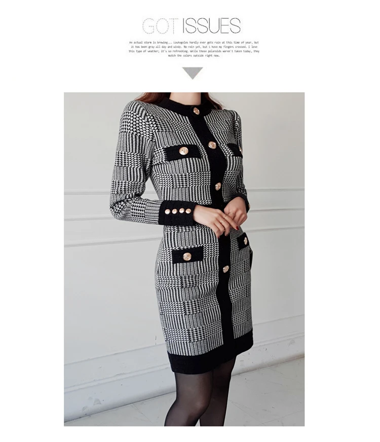 Winter OL Slim Knitted Plaid Vestidos Women Pencil High Waist Bodycon Sexy Mini Daily Sweater Dresses