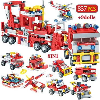 

837pcs City Firefighter Figure Building Blocks Compatible Fire Fighting Truck Car Helicopter DIY Bricks Toy For Children