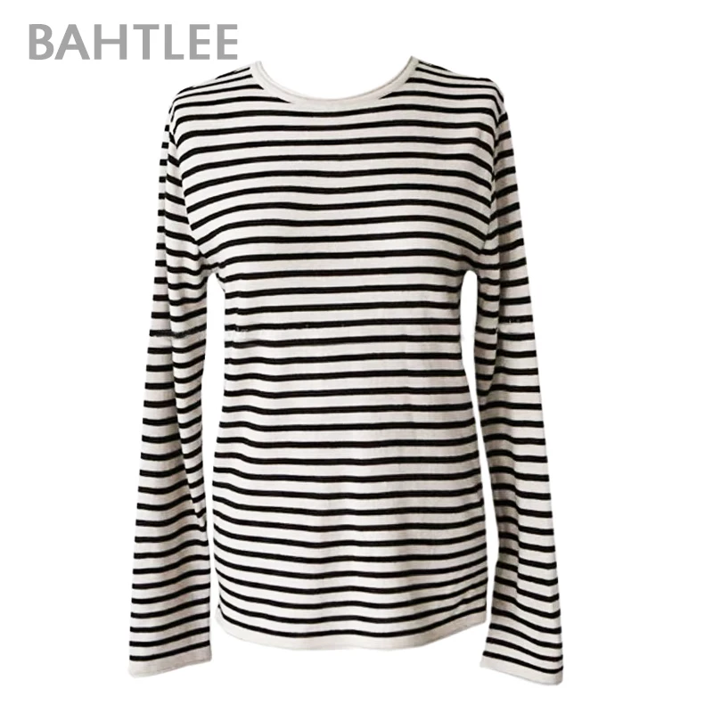 BAHTLEE, женские шерстяные пуловеры, черный, белый, полосатый свитер, Осень-зима, вязаный джемпер, длинный рукав, Круглый ворот, свободный стиль
