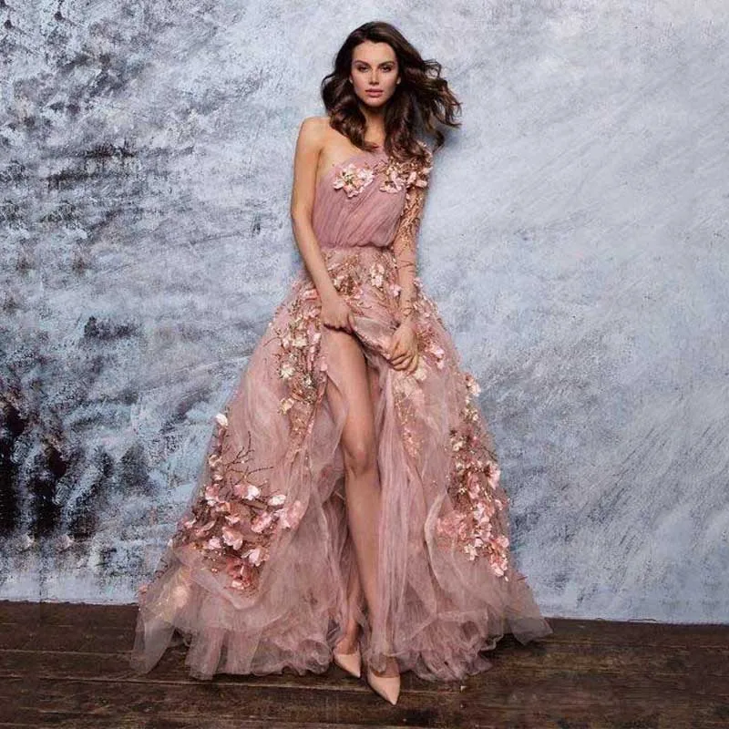 Elegant Prom Dresses One Shoulder A Line Lace 3D Floral Long Sleeve Evening Dress Sweep Train Custom Made Formal Party Gowns | Свадьбы и