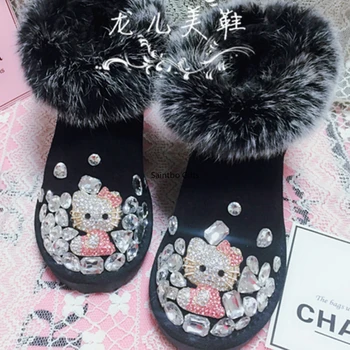

Winter Boots Handmade Diamond Kitty Cat Original Rhinestone Long Plush Fur Boots Women Snow Boots Luxury Shoes Women Designers
