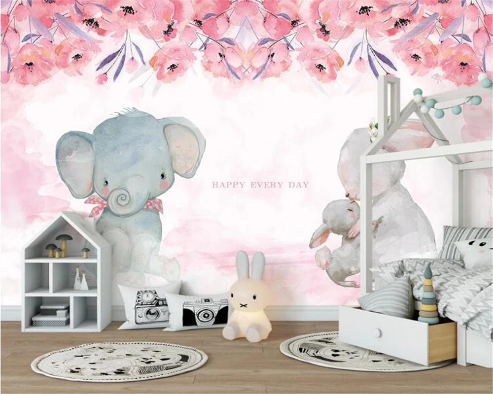 Custom wallpaper photo pink baby elephant rabbit children's room background wall mural home decoration kindergarten 3d wallpaper monthly milestone blanket elephant month blanket pictures photo blanket background photo props for newborns