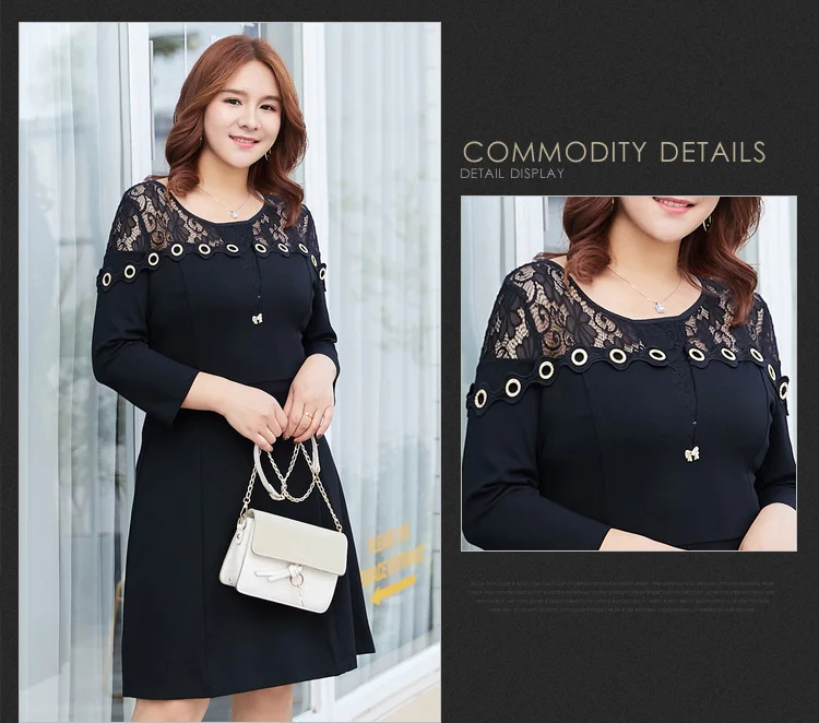 L~ 5XL сексуальное кружево Золотой люверс маленькое черное платье осень 3/4 рукав тонкая талия карандаш платье с C2256
