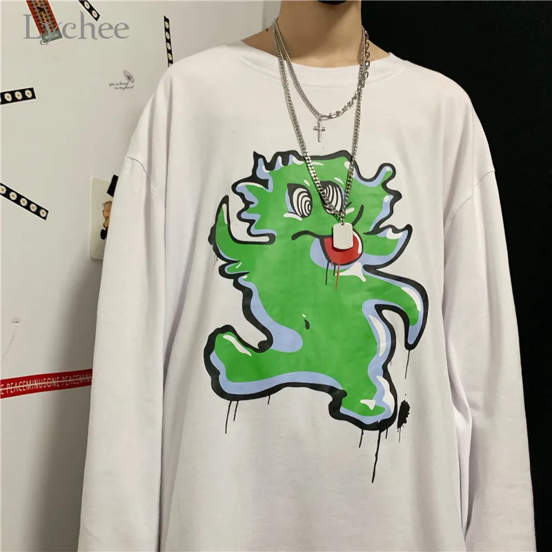 Lychee Harajuku, Милая женская футболка с мультяшным принтом, свободная футболка с круглым вырезом, женские пуловеры, топы, хлопковые повседневные весенние женские футболки, футболки