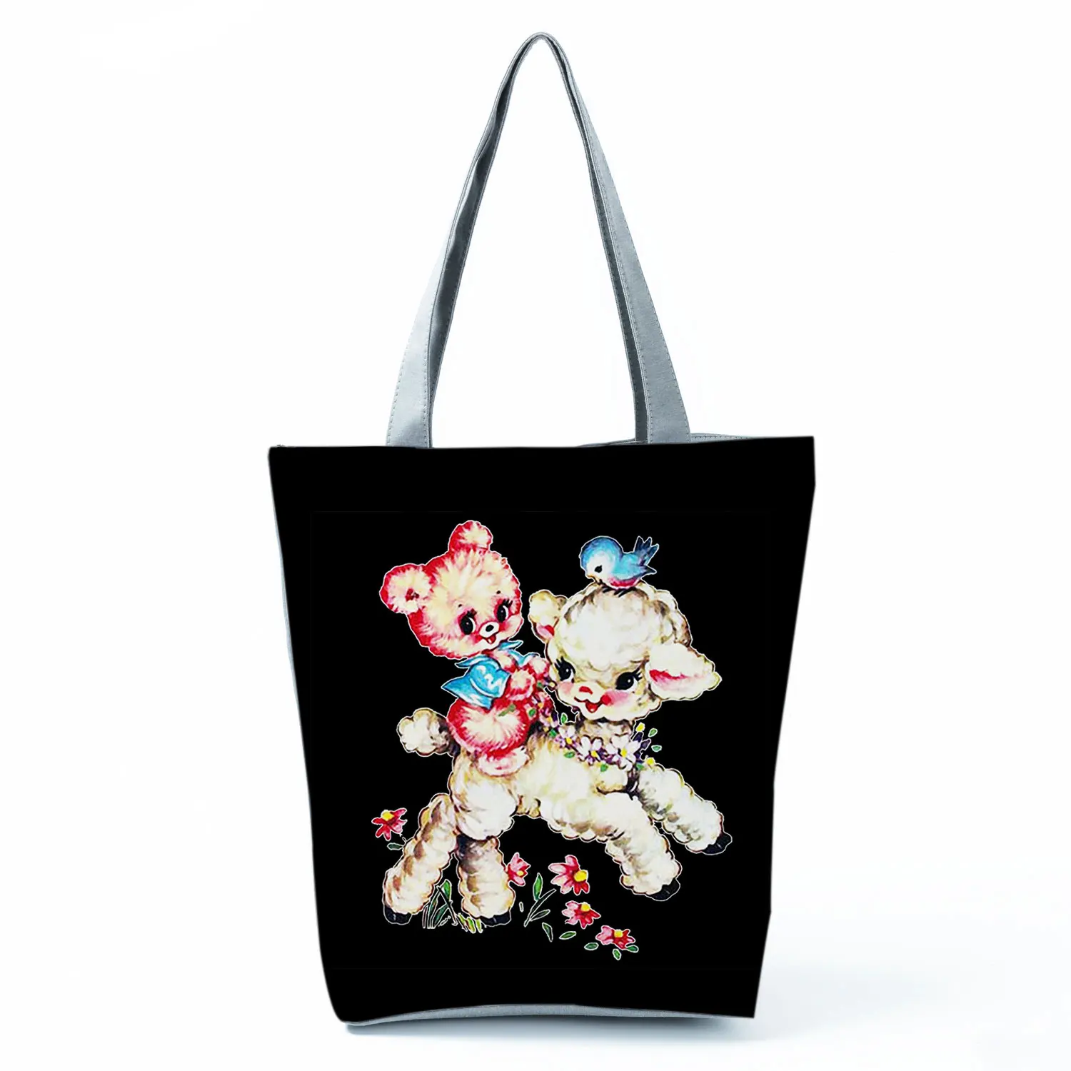 

Portable Large Capacity Black Female Shopper Bag Sheep Floral Cartoon Printed Tote Personality Cute Animal Handbag Bright Colors