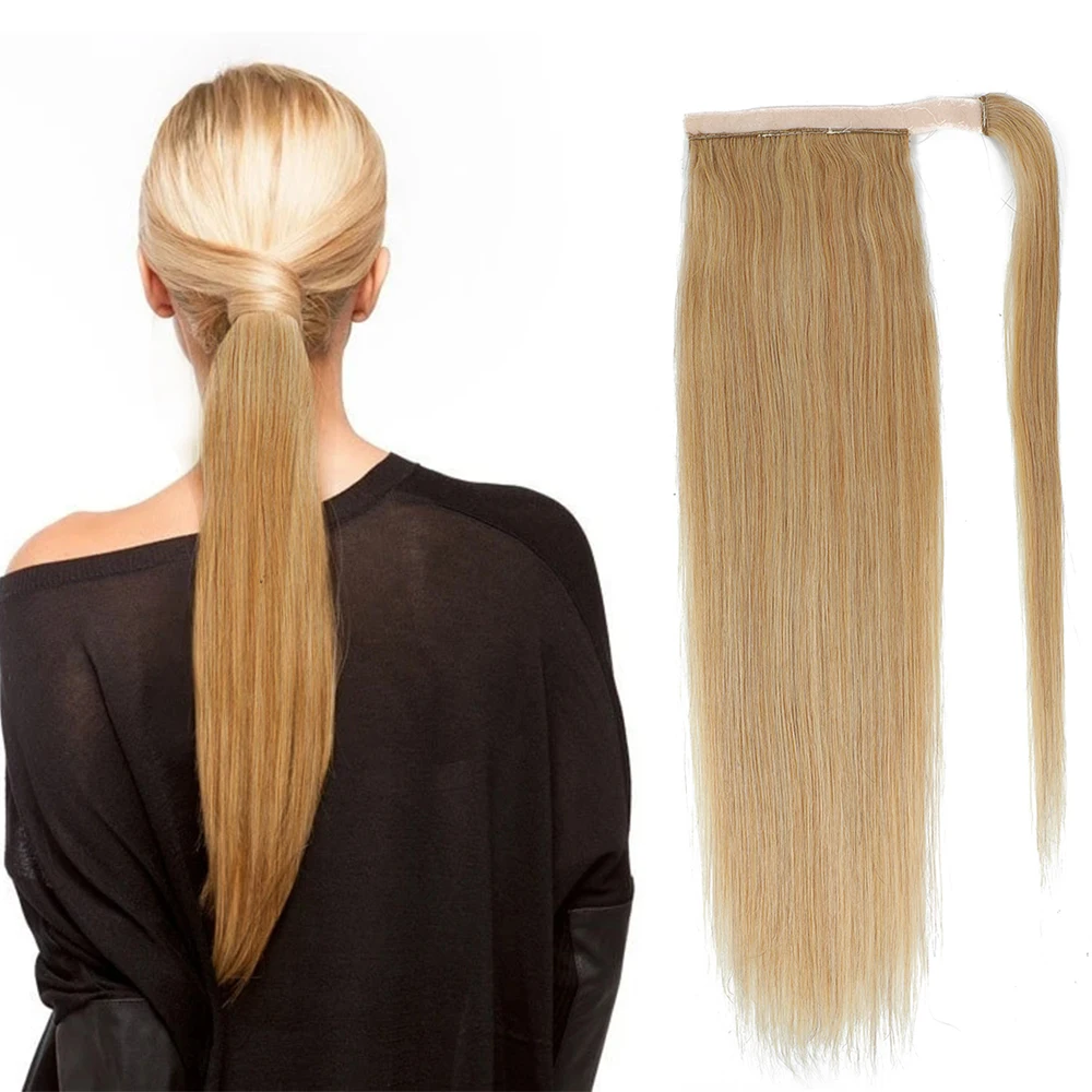 Cola rubia recta, cabello humano Remy, ombré, brasileño, envolvente, cordón, Coleta, Clip en extensiones de cabello